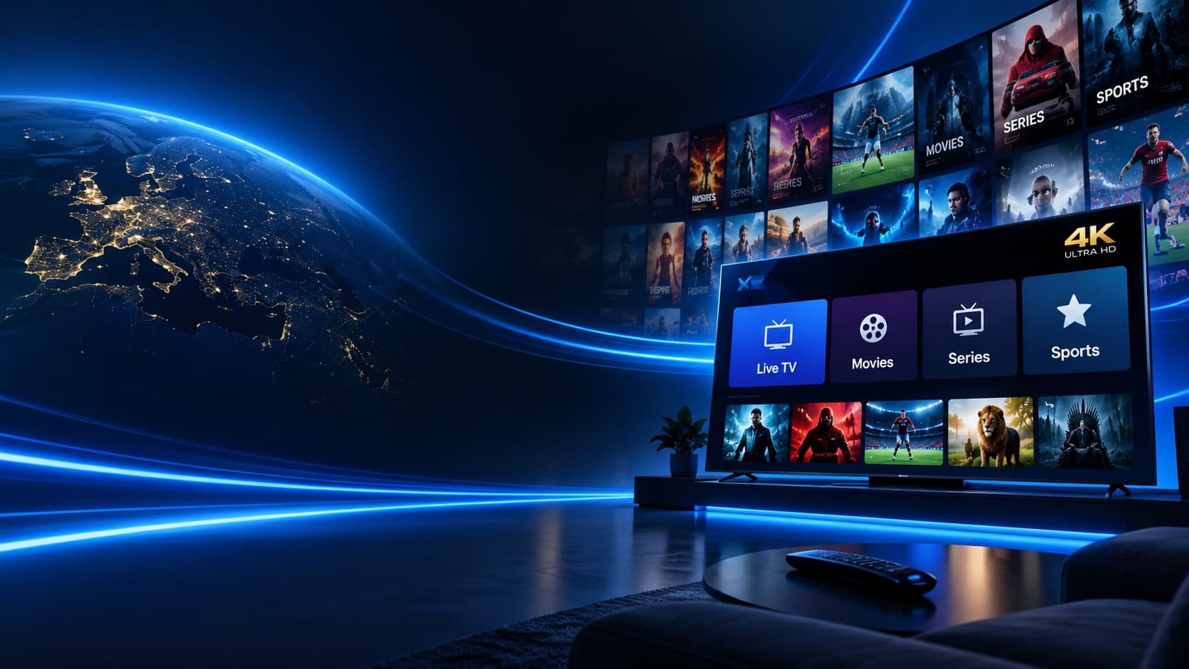 A Smart TV showing the IPTV Polska HD streaming interface in 4K, connected across Europe